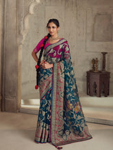 Exquisite Contrasting Blue Floral Organza saree with beautiful print, piping work or tassels on pallu | party wear saree | Festive saree